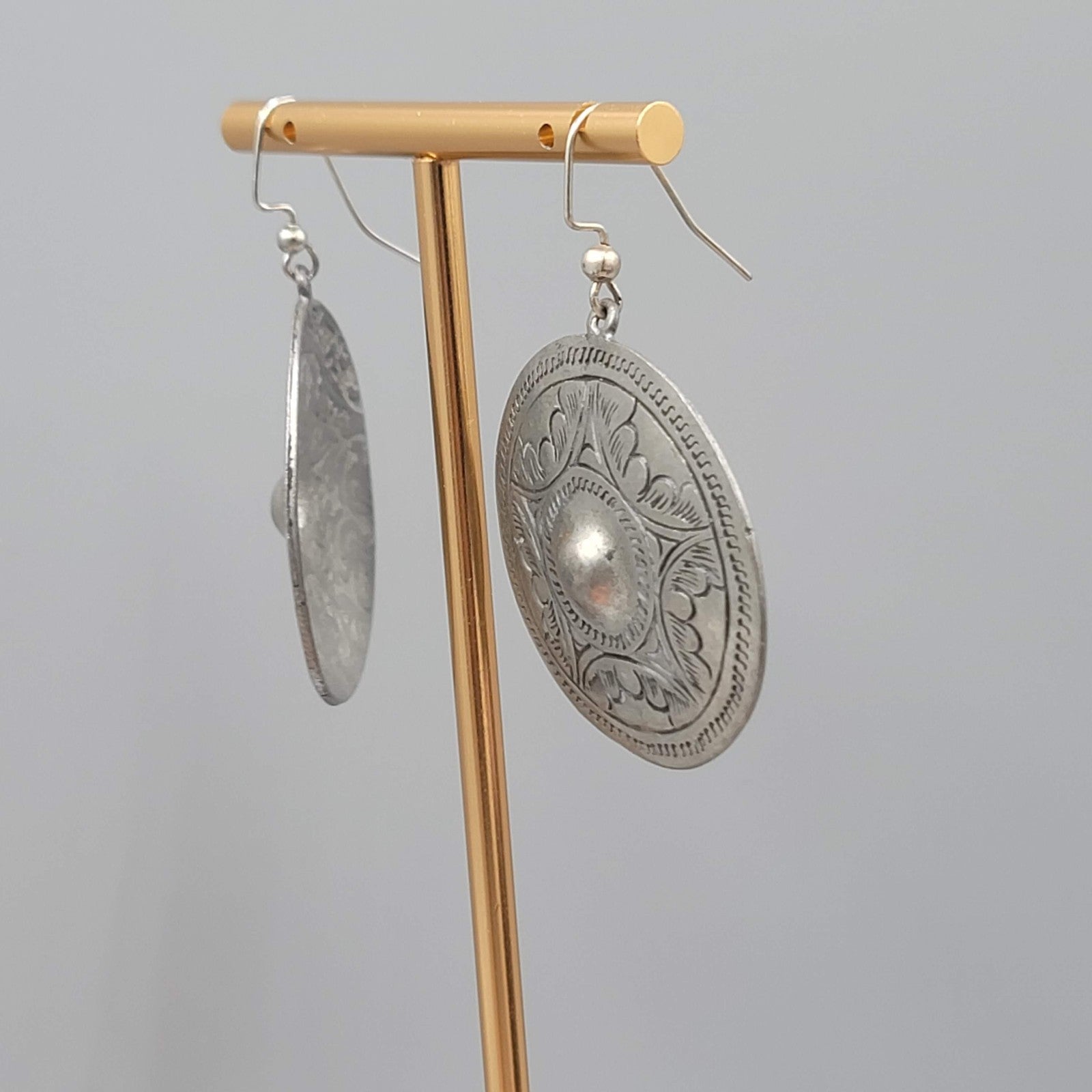 Mexico Engraved Silver tone Dangle Pierced Earrings Round 1.5"