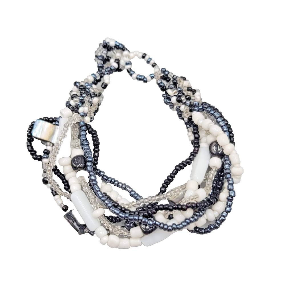 Black White Seed Bracelet Shell Multi Strand 7 in