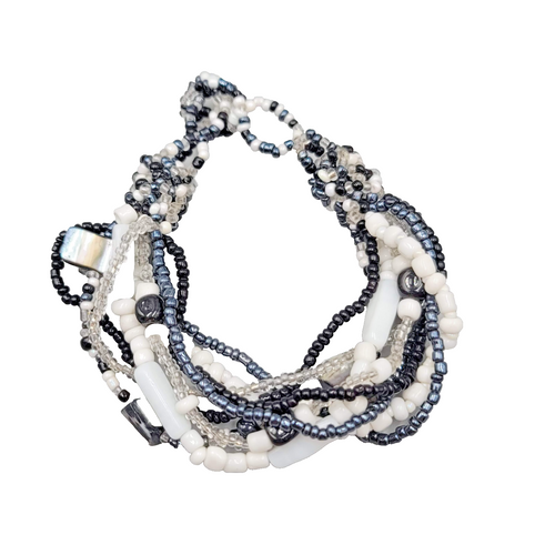 Black White Seed Bracelet Shell Multi Strand 7 in