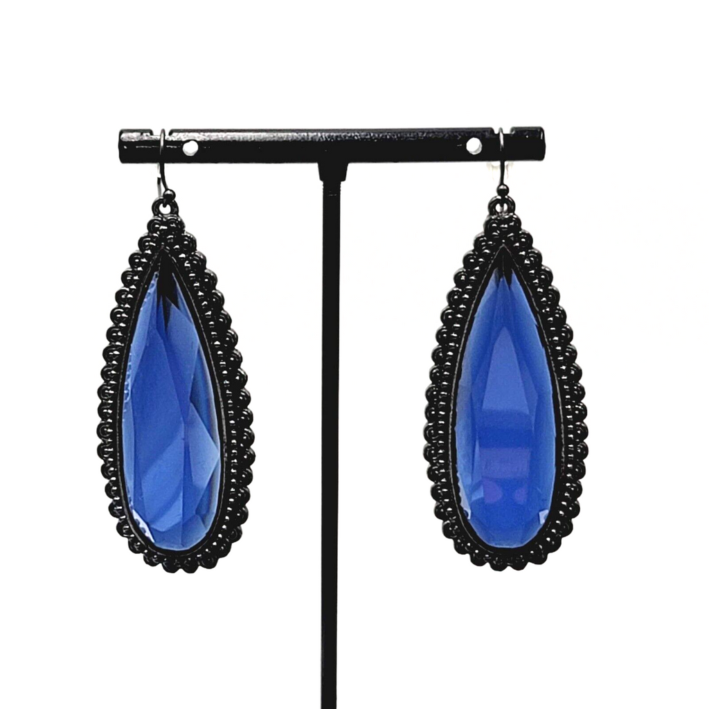 Pierced Earrings Black Metal Large Blue Glass Faceted Teardrop Gothic 2 1/8"
