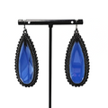 Pierced Earrings Black Metal Large Blue Glass Faceted Teardrop Gothic 2 1/8"