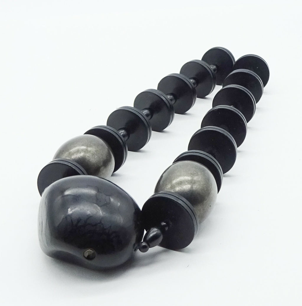 Vintage Black Large Black Beaded Necklace 19" Estate Costume Jewelry