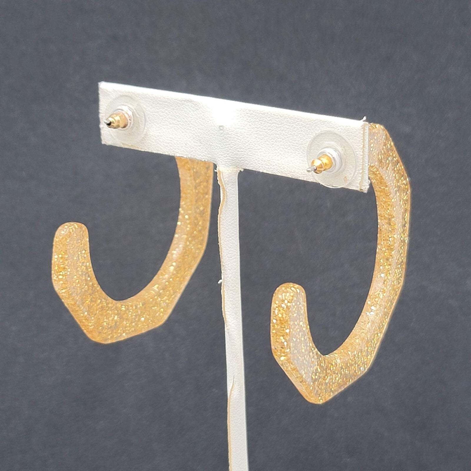 Pierced Earrings Gold Glitter Acrylic Large Hoops Dangle 2"