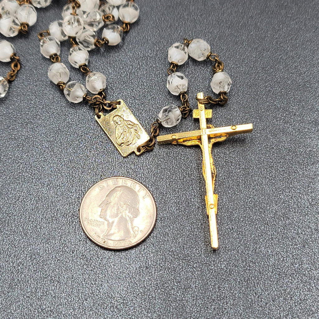 Vintage White Clear Glass Bead Catholic Rosary Crucifix Gold tone