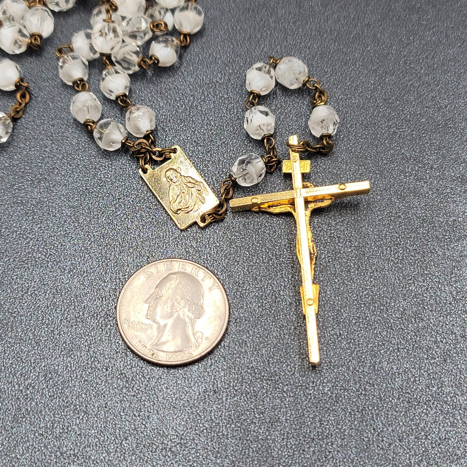 Vintage White Clear Glass Bead Catholic Rosary Crucifix Gold tone