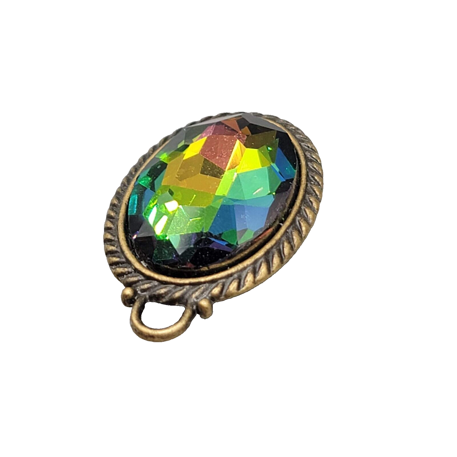 Rainbow Faceted Glass Pendant Bronze tone  1.5"