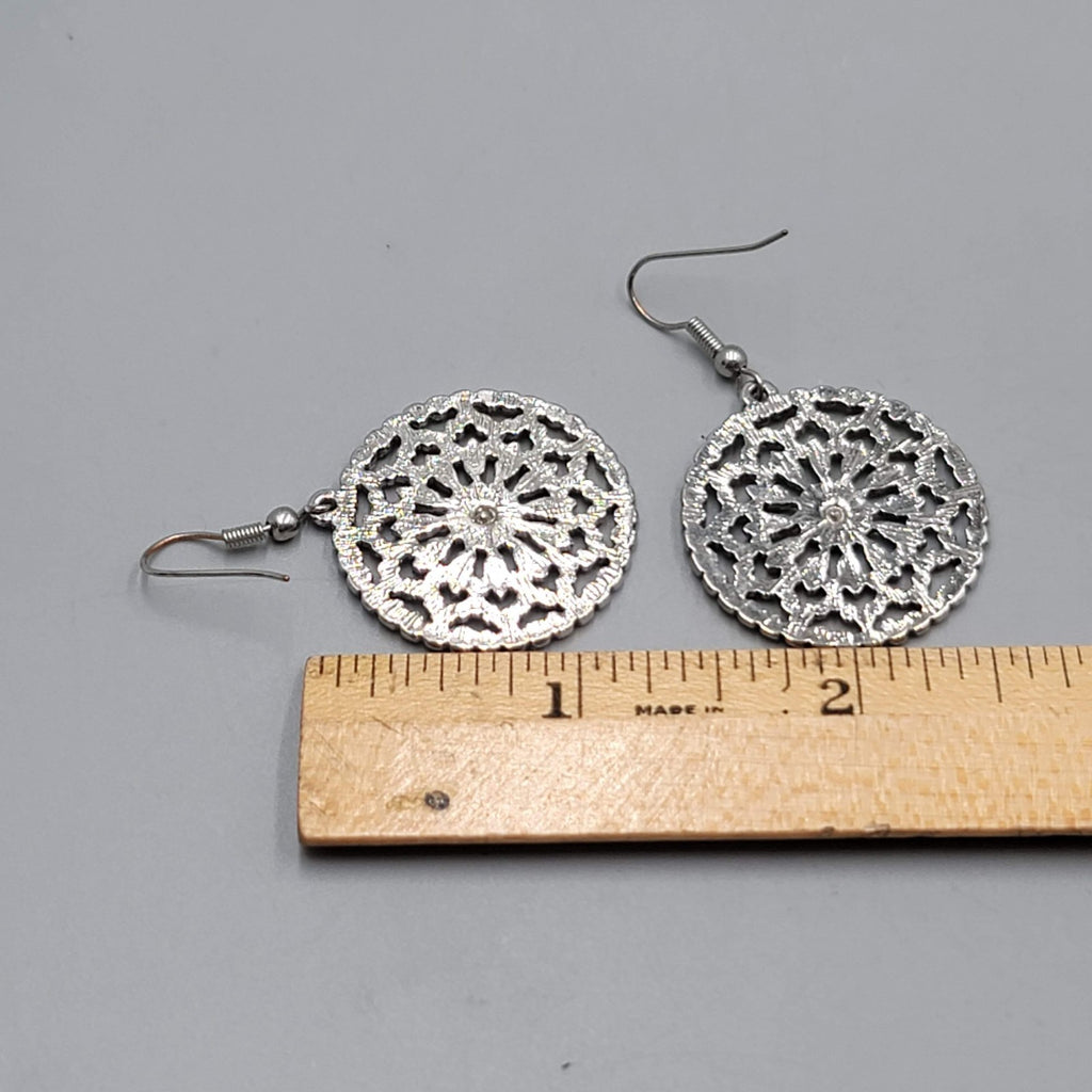 Open Work Flower Medallion Pierced Earrings Silver tone Dangle 1.25 in