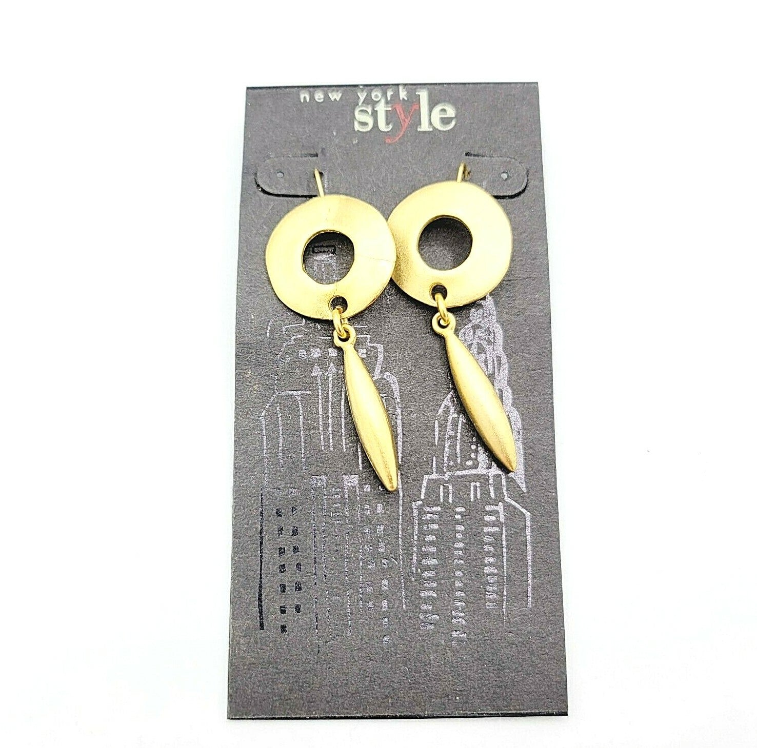 Vintage New York Style Brushed Gold tone Long Dangle Pierced Earrings 2" NWT