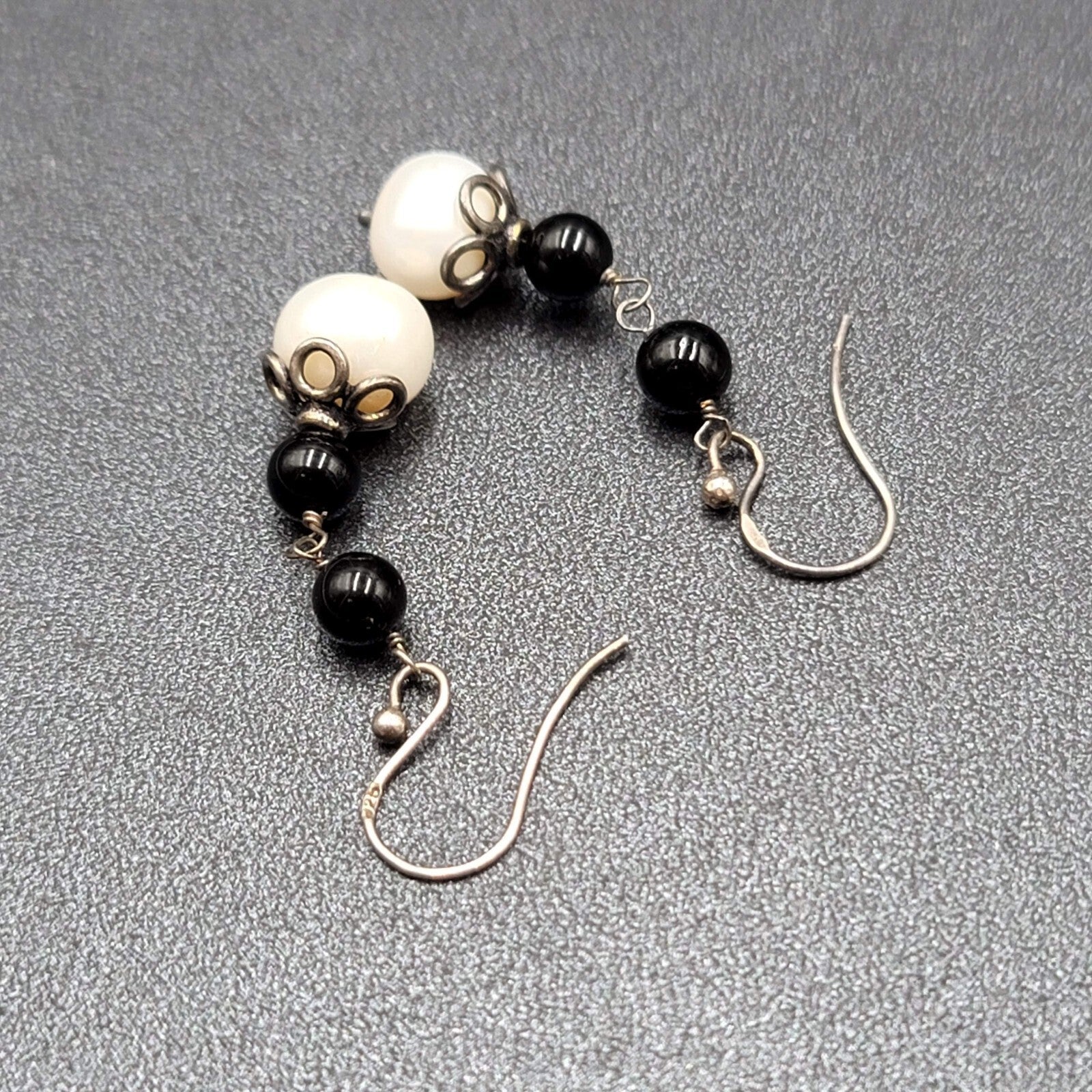 Sterling Silver Pierced Earrings Capped Pearl Bead Dangle 1.25"