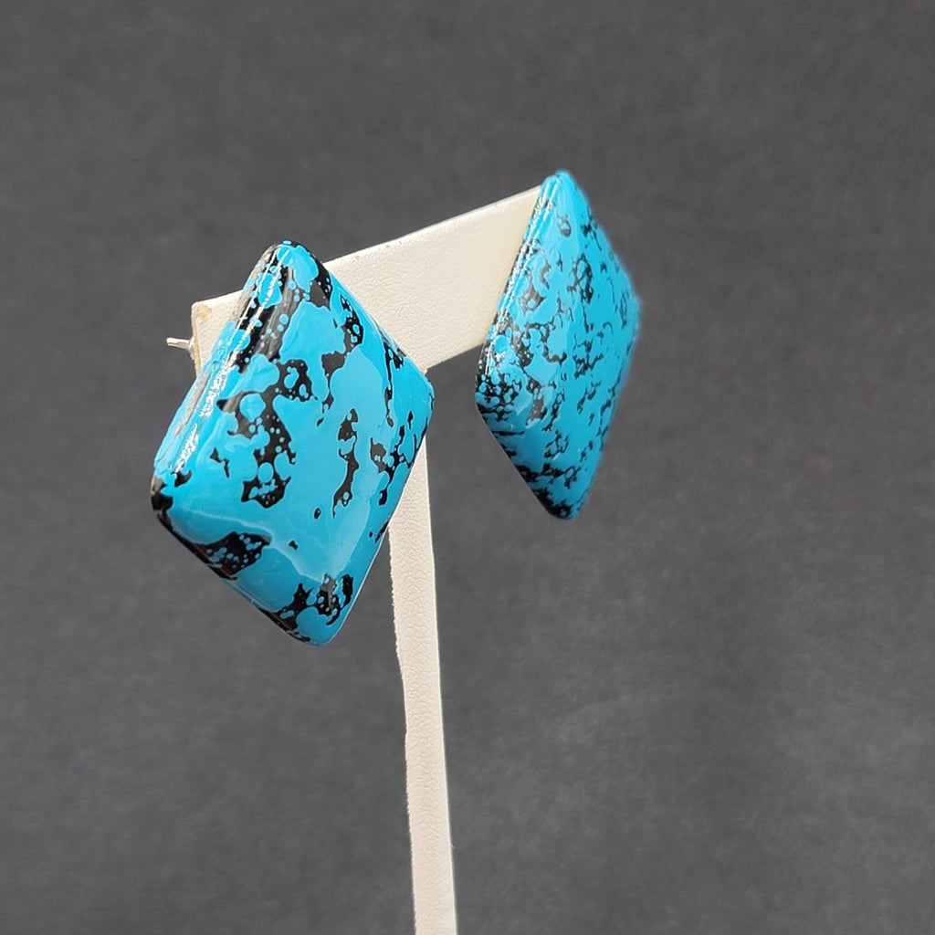 Vintage Pierced Earrings Acrylic Black Blue Enamel Statement Square Drop 1 1/8"
