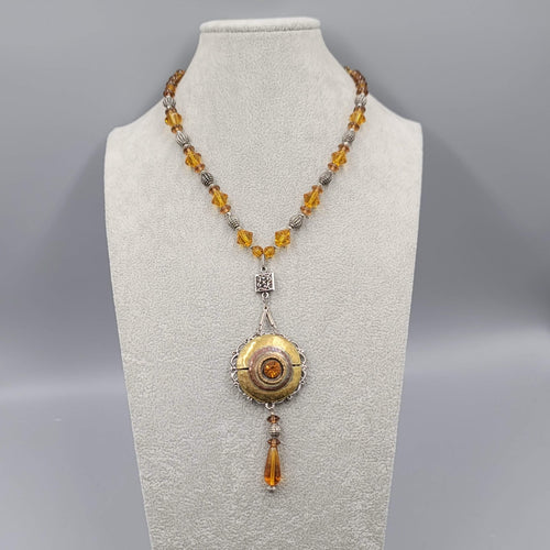 Boho Medallion Orange Bead Pendant Necklace Silver tone Toggle Closure 17 in