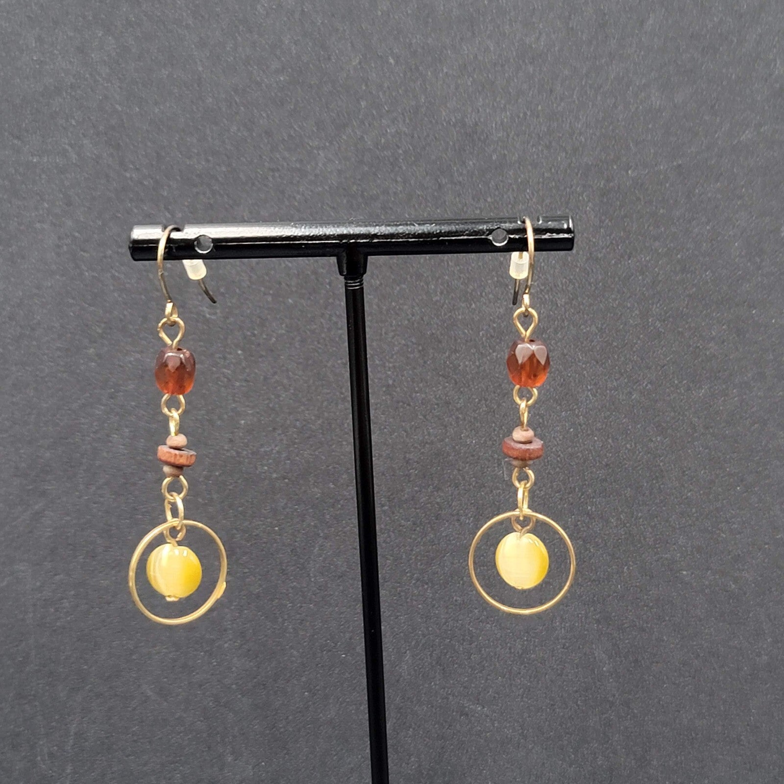 Pierced Earrings Gold tone Beaded Wood Dangle 1.75"