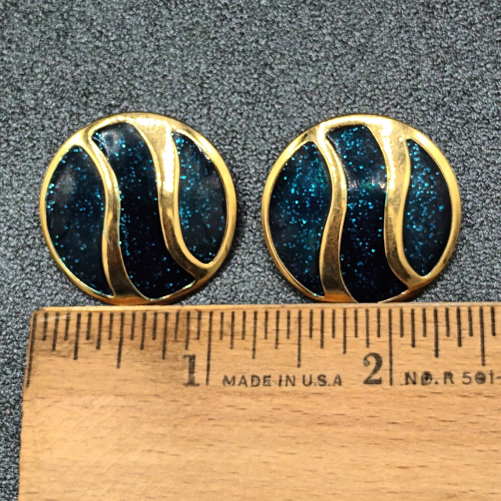 Vintage Pierced Earrings Polished Gold tone Blue Glitter Enamel Drop 1 1/8"