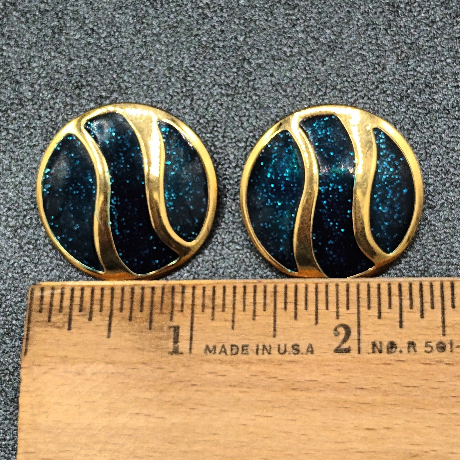 Vintage Pierced Earrings Polished Gold tone Blue Glitter Enamel Drop 1 1/8"