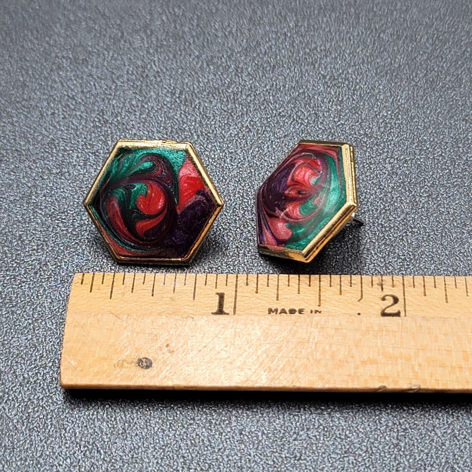 Vintage Pierced Earrings Gold Plated Swirl Enamel Hexagon Studs  3/4"