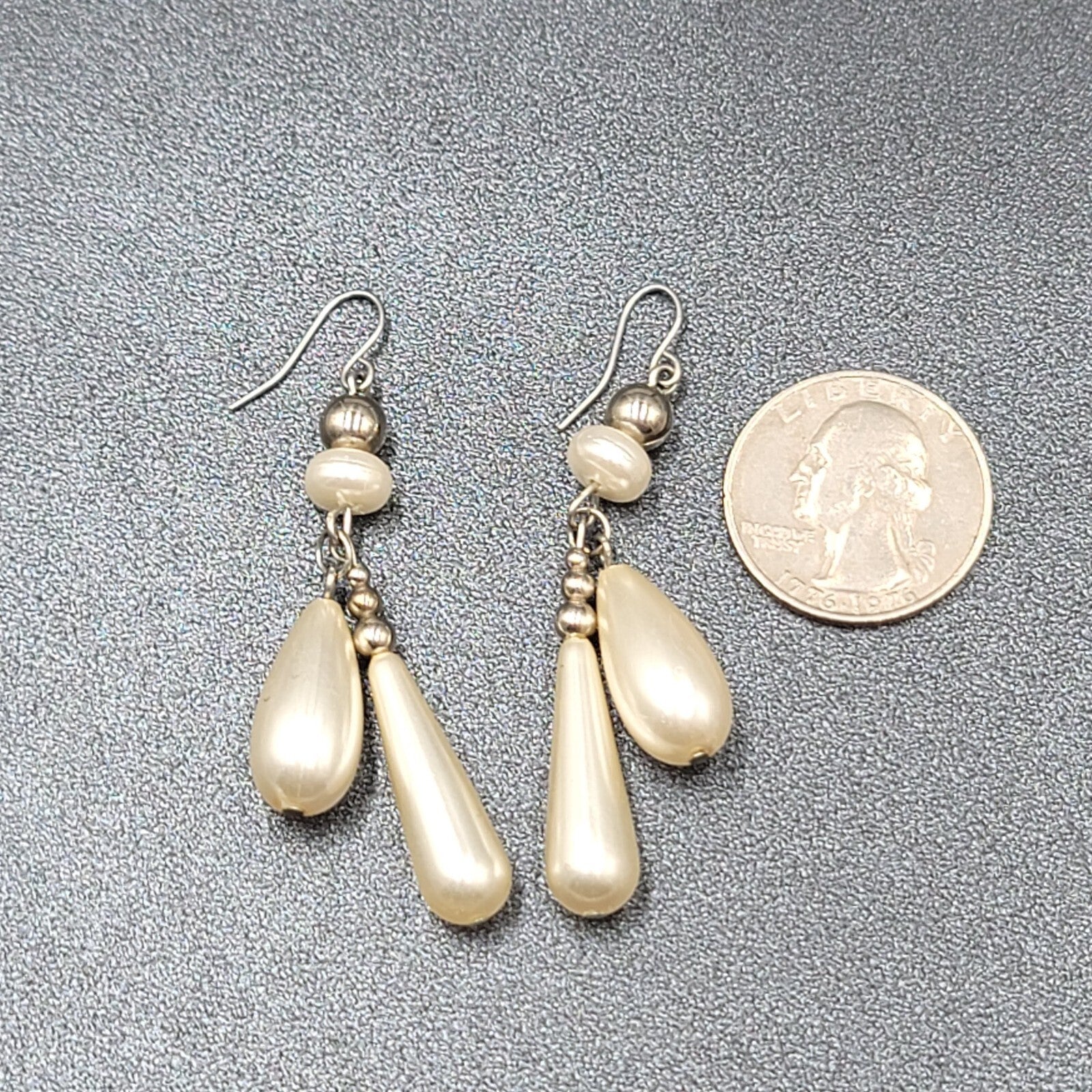 Pierced Earrings Silver tone White Teardrop Bead Dangle 2"