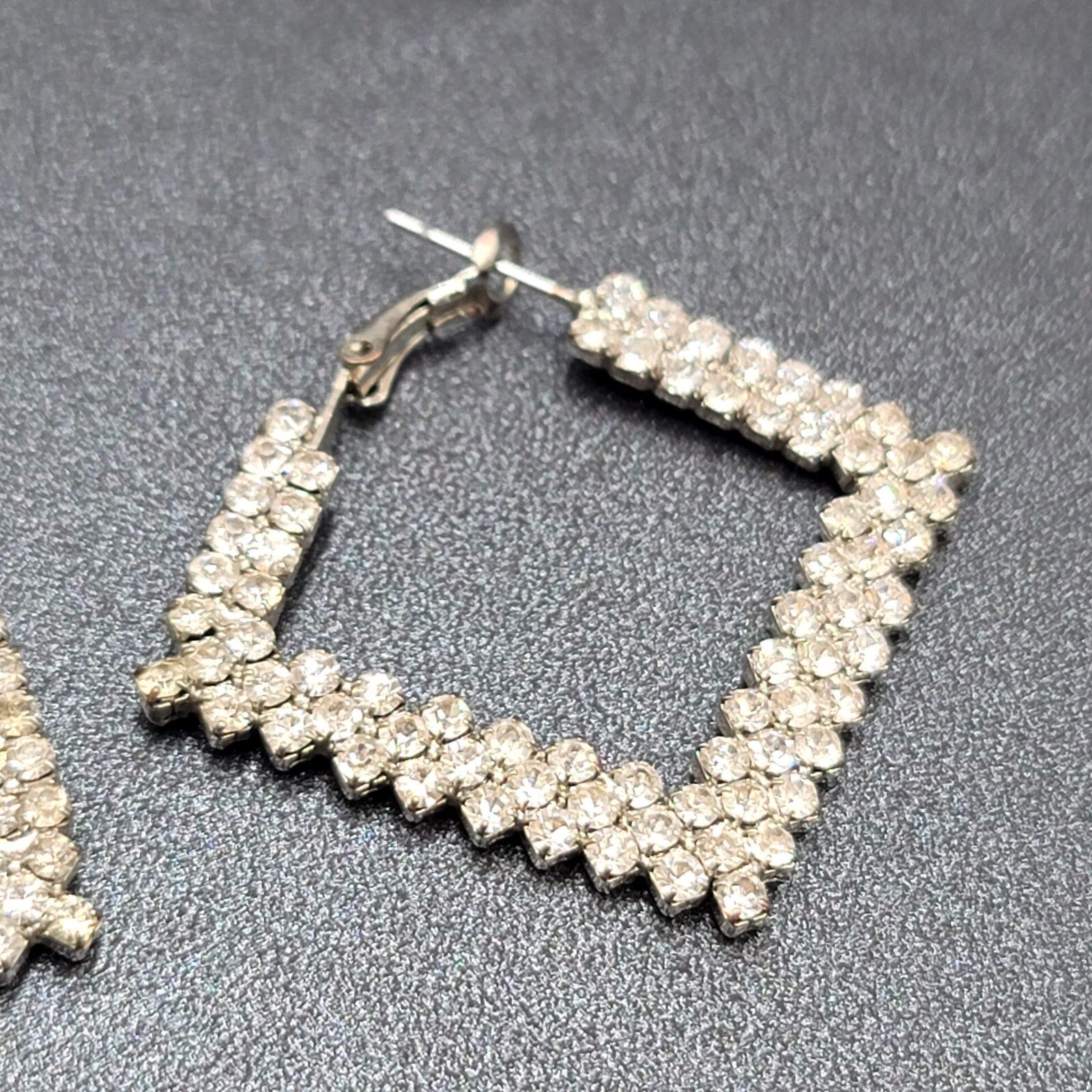 Pierced Earrings Rhinestone Square Hoops Silver tone 1.25"