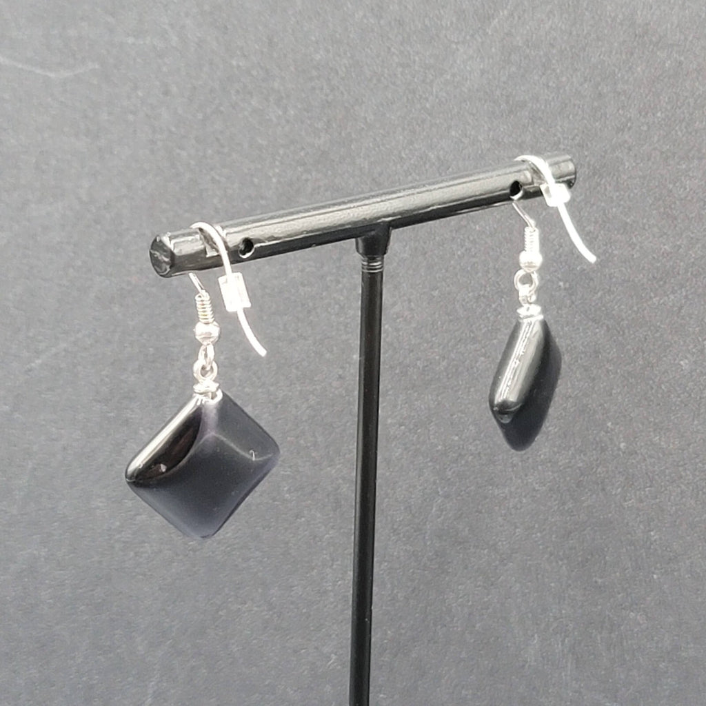Pierced Earrings Purple Gray Stone Satin Finish Dangle Square Silver tone 3/4"