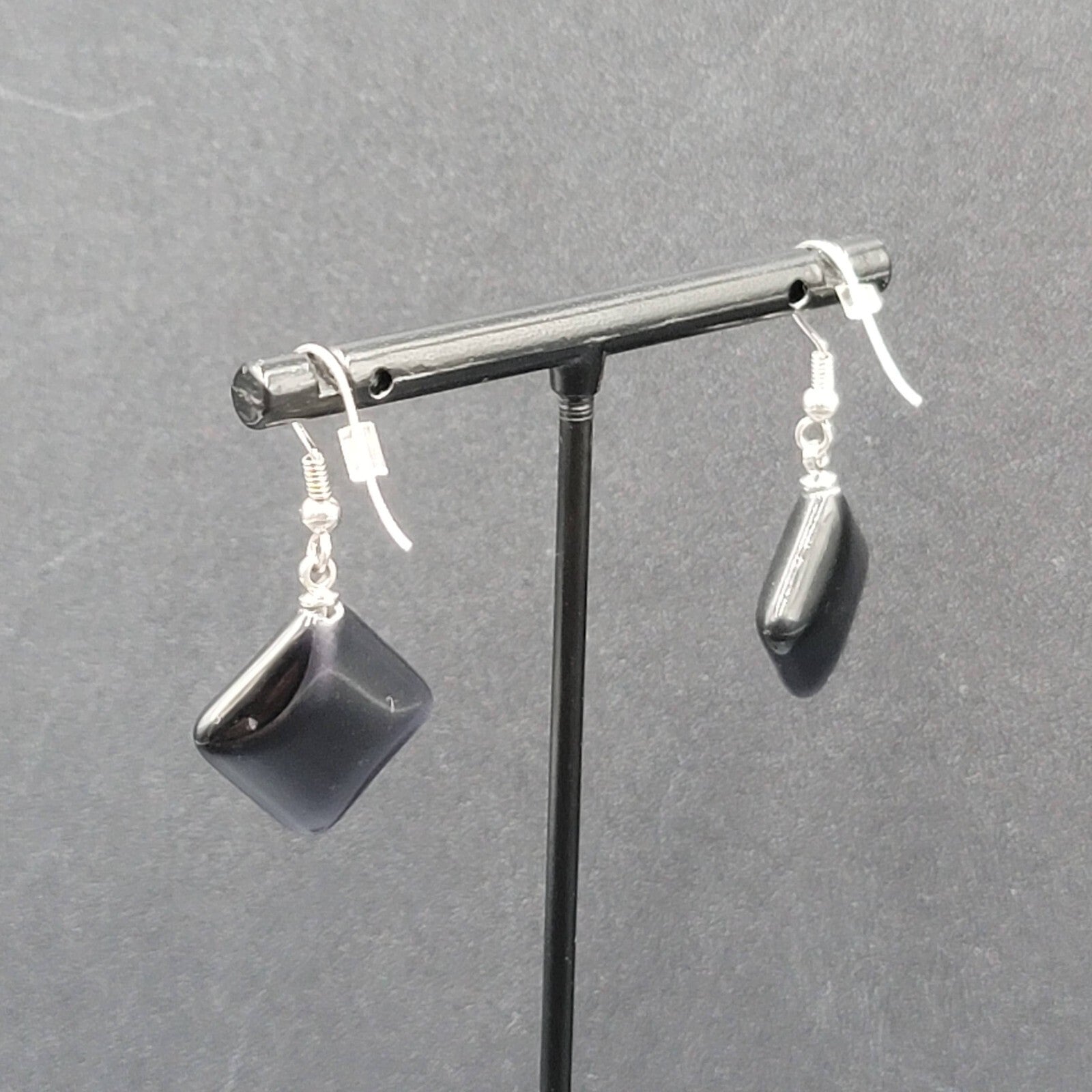 Pierced Earrings Purple Gray Stone Satin Finish Dangle Square Silver tone 3/4"