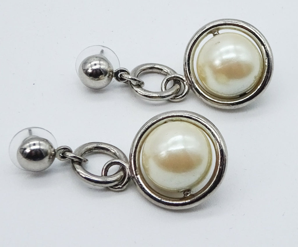 Silvertone Dangle Faux Pearl Pierced Earrings Estate Costume Jewelry 2" 