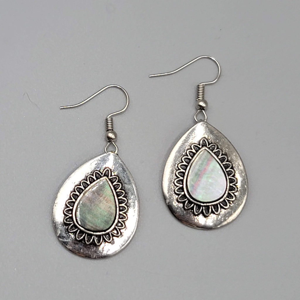Abalone Pierced Earrings Silver tone Teardrop Dangle 1 1/8"