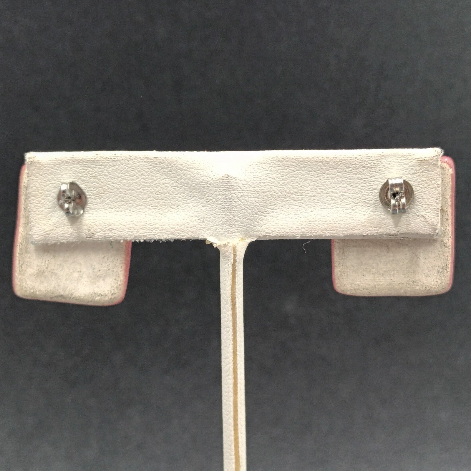 Vintage Pierced Earrings Pink Brown Geometric Ceramic Tile Rectangle Drop 7/8"