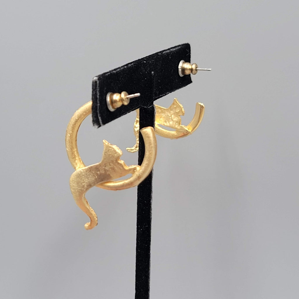 Vintage Kitty Cat Hoop Pierced Earrings Gold Plated 1"