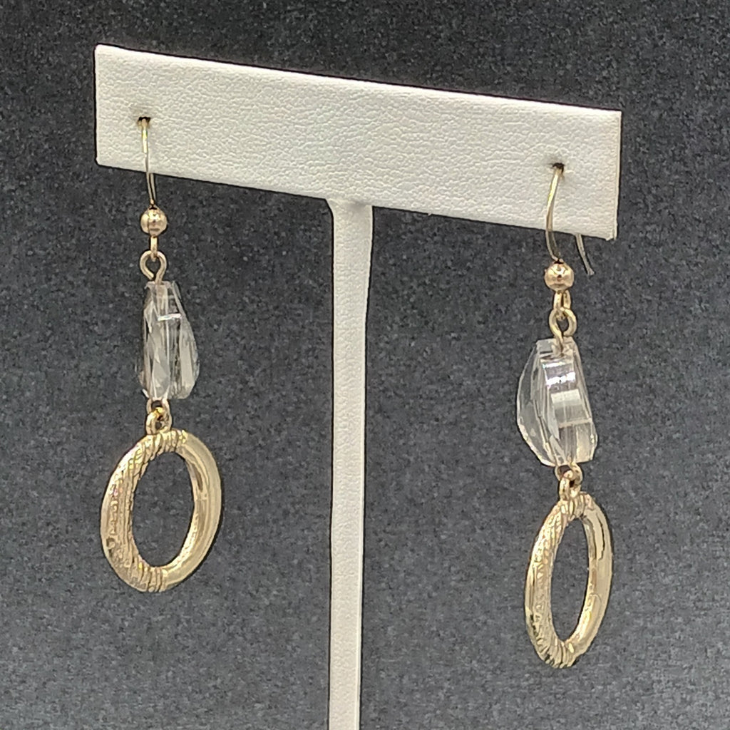 Pierced Earrings Gold tone Glass Bead Open Circle Dangle 1 5/8"