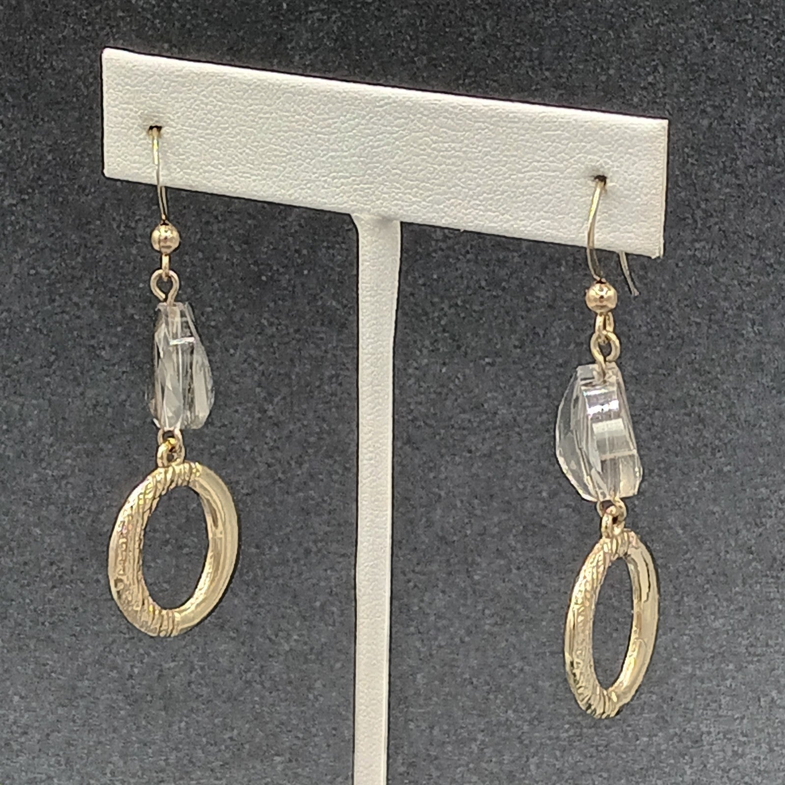 Pierced Earrings Gold tone Glass Bead Open Circle Dangle 1 5/8"