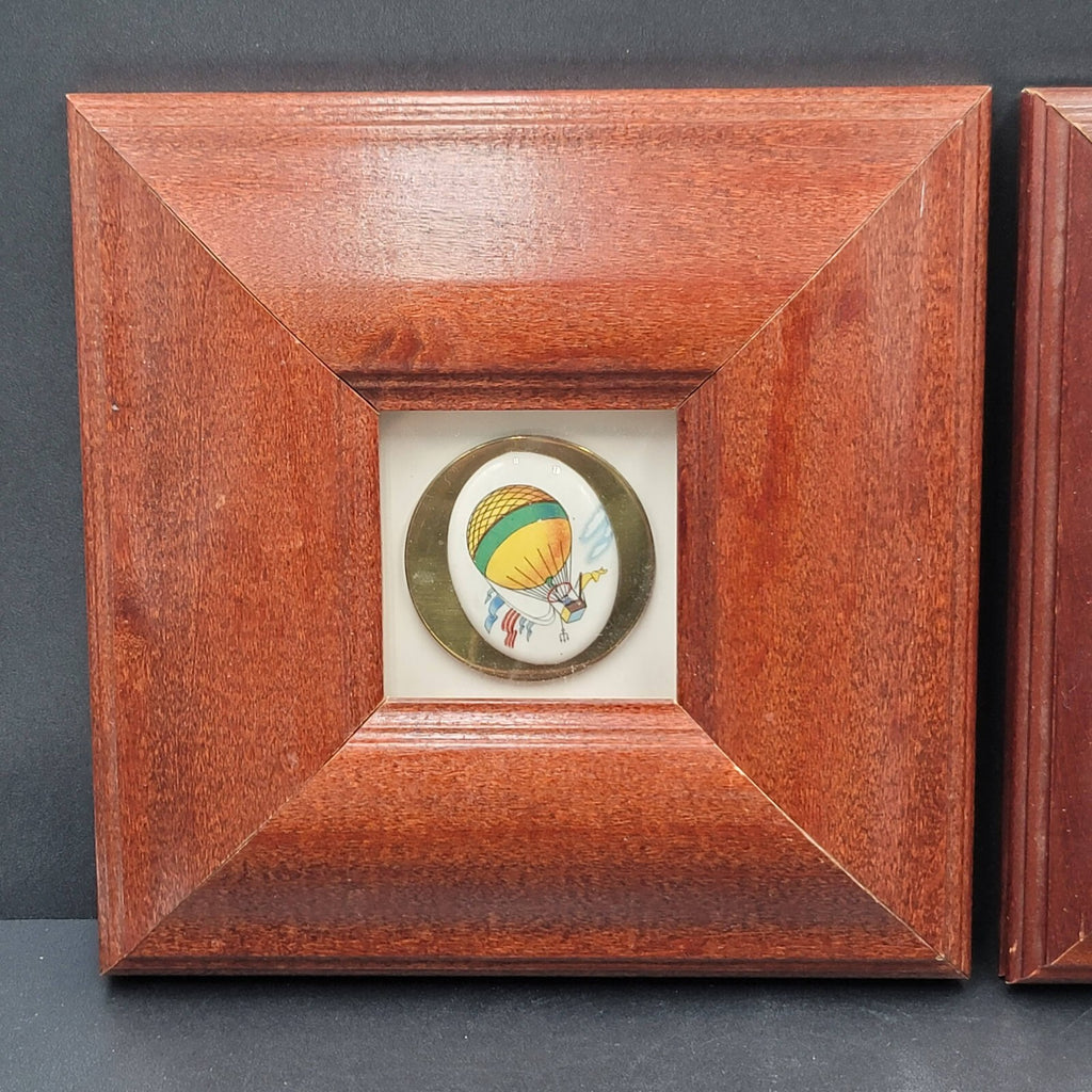 Framed Hot Air Balloons Painted Ceramic Set of 2 Unique