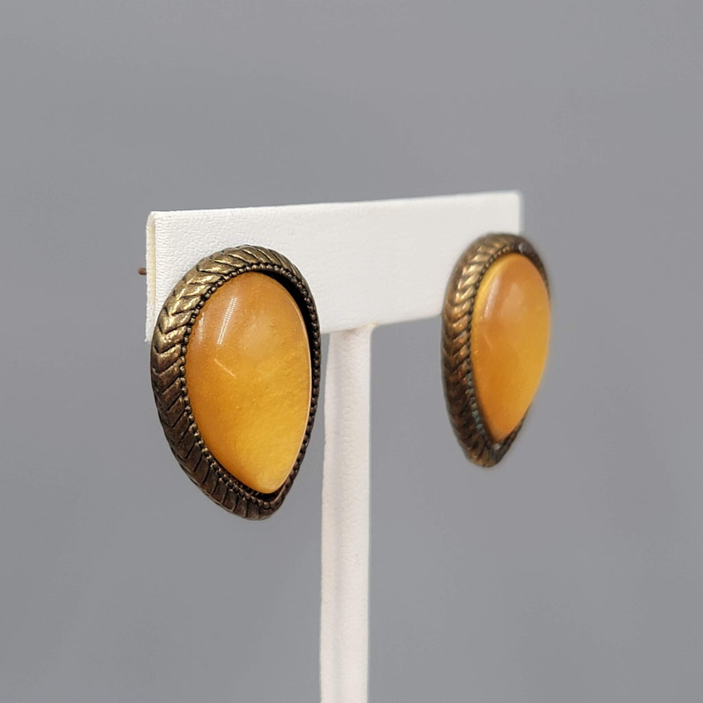 Reverse Teardrop Pierced Earrings Bronze tone Yellow Dome Drop 1"