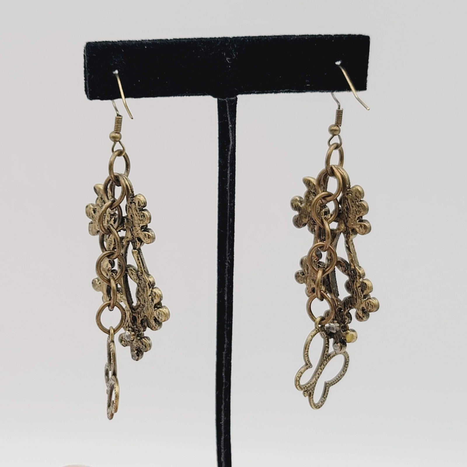 Multicolor Crystal Flowers Butterfly Pierced Earrings Bronze tone Dangle 2 in