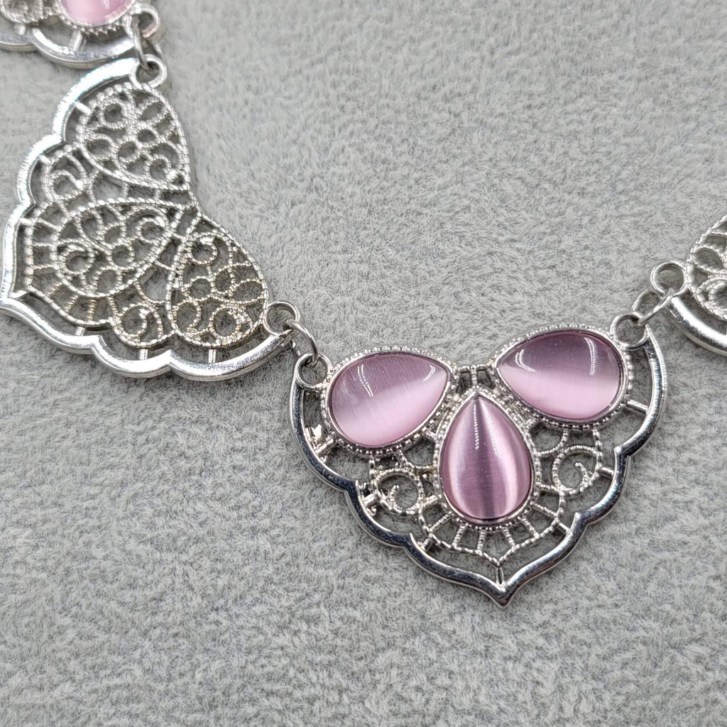 Purple Teardrop Cats Eye Necklace Filigree Silver tone 18"-20"