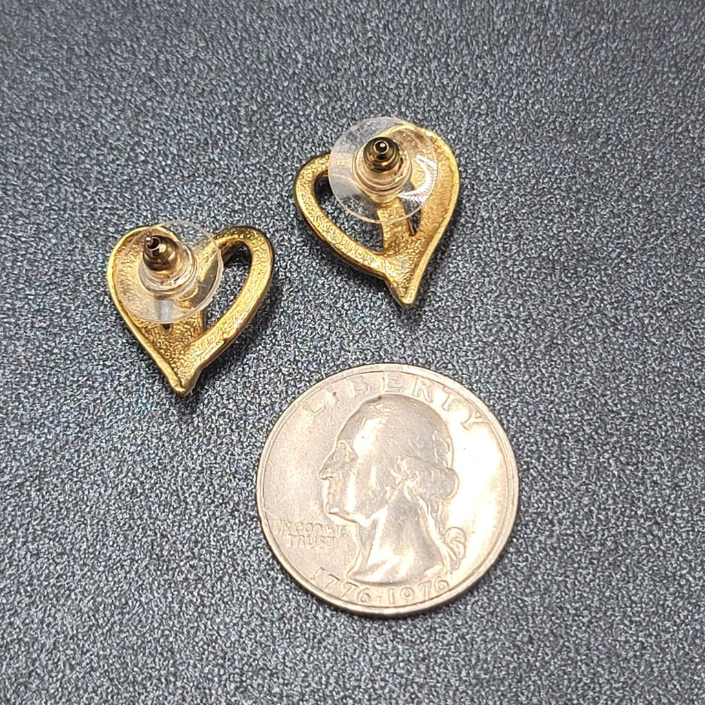 Vintage Pierced Earrings Gold Plated Crystal Heart Studs 3/4"