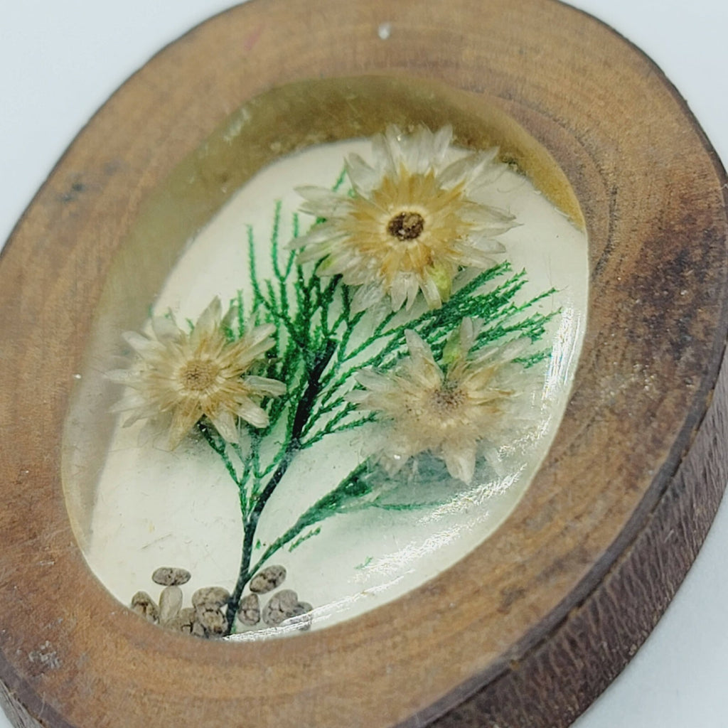 Vintage Oval Shaped Pendant Lucite Dried Flowers Wood Frame 