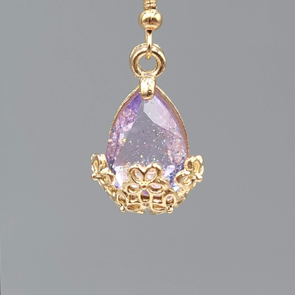 New Pierced Earrings Gold tone Glitter Purple Glass Teardrop Dangle 3/4"