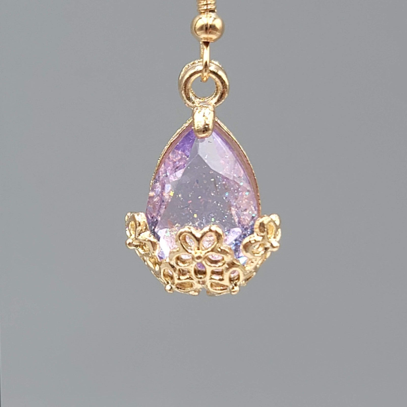New Pierced Earrings Gold tone Glitter Purple Glass Teardrop Dangle 3/4"
