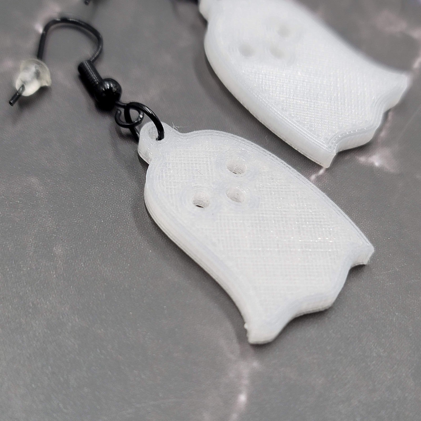 White Acrylic GHOST Pierced Earrings Black Enamel Dangle 1.25"