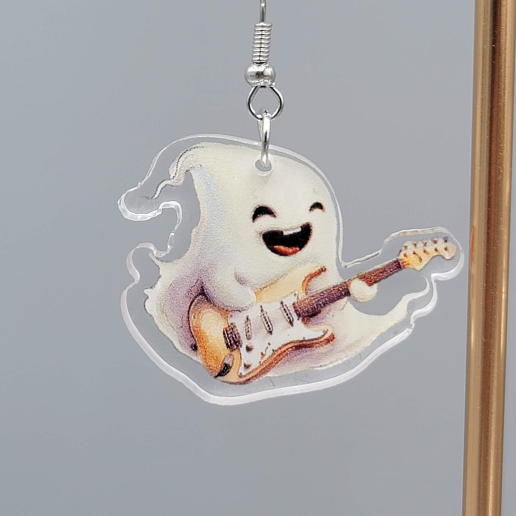 Halloween Ghost Electric Guitar Pierced Earrings Silver tone Dangle 1.5 in