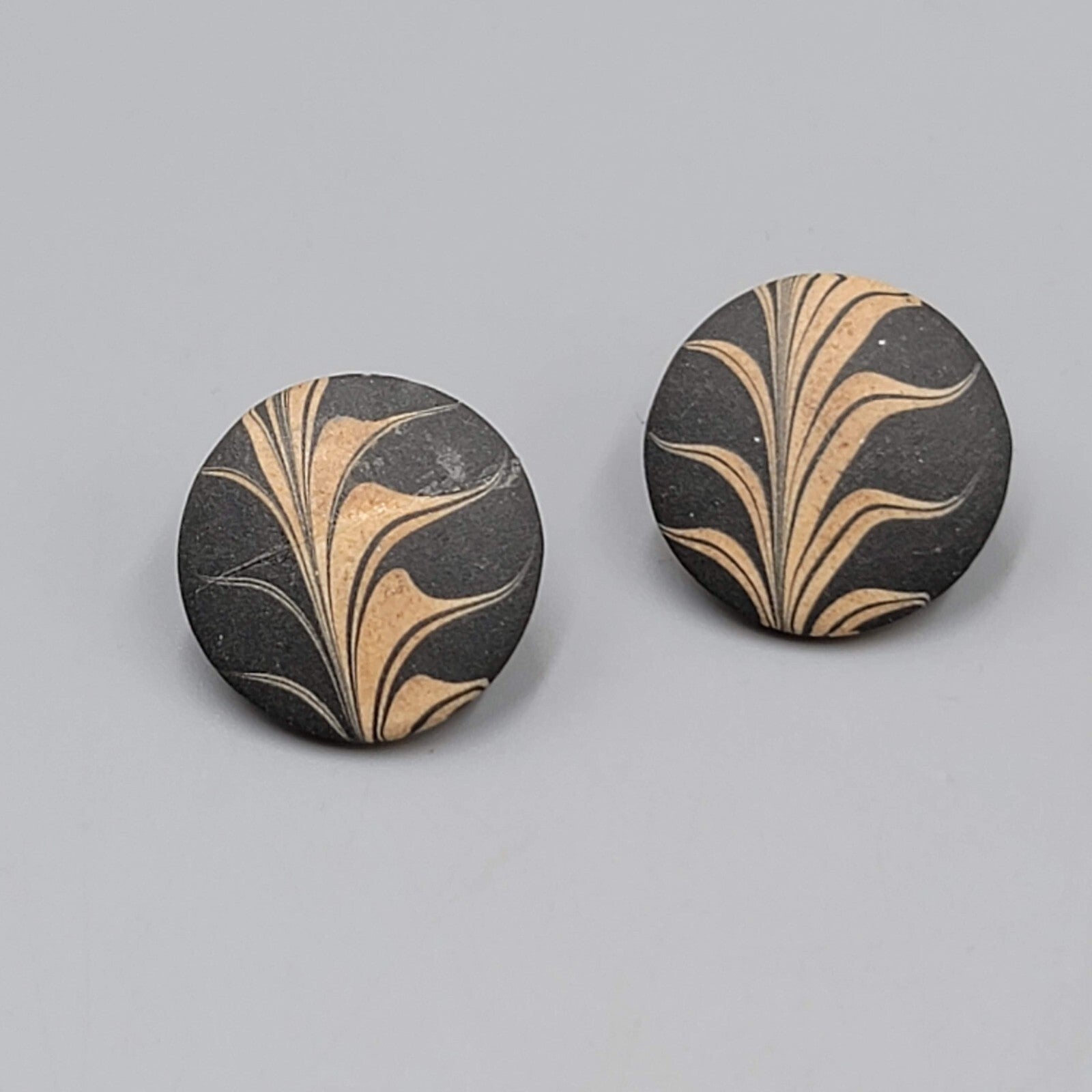Vintage Ceramic Round Pierced Earrings Black Gold Paint 1"
