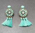 Pierced Earrings Gold tone Blue Rhinestone Tassel 2"
