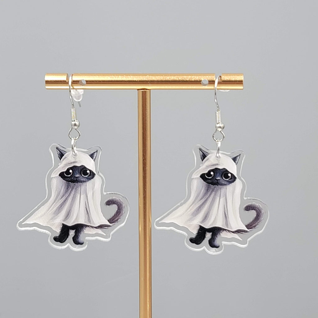 Halloween Black Kitty Cat Ghost Pierced Earrings Silver tone Dangle 1.5 in