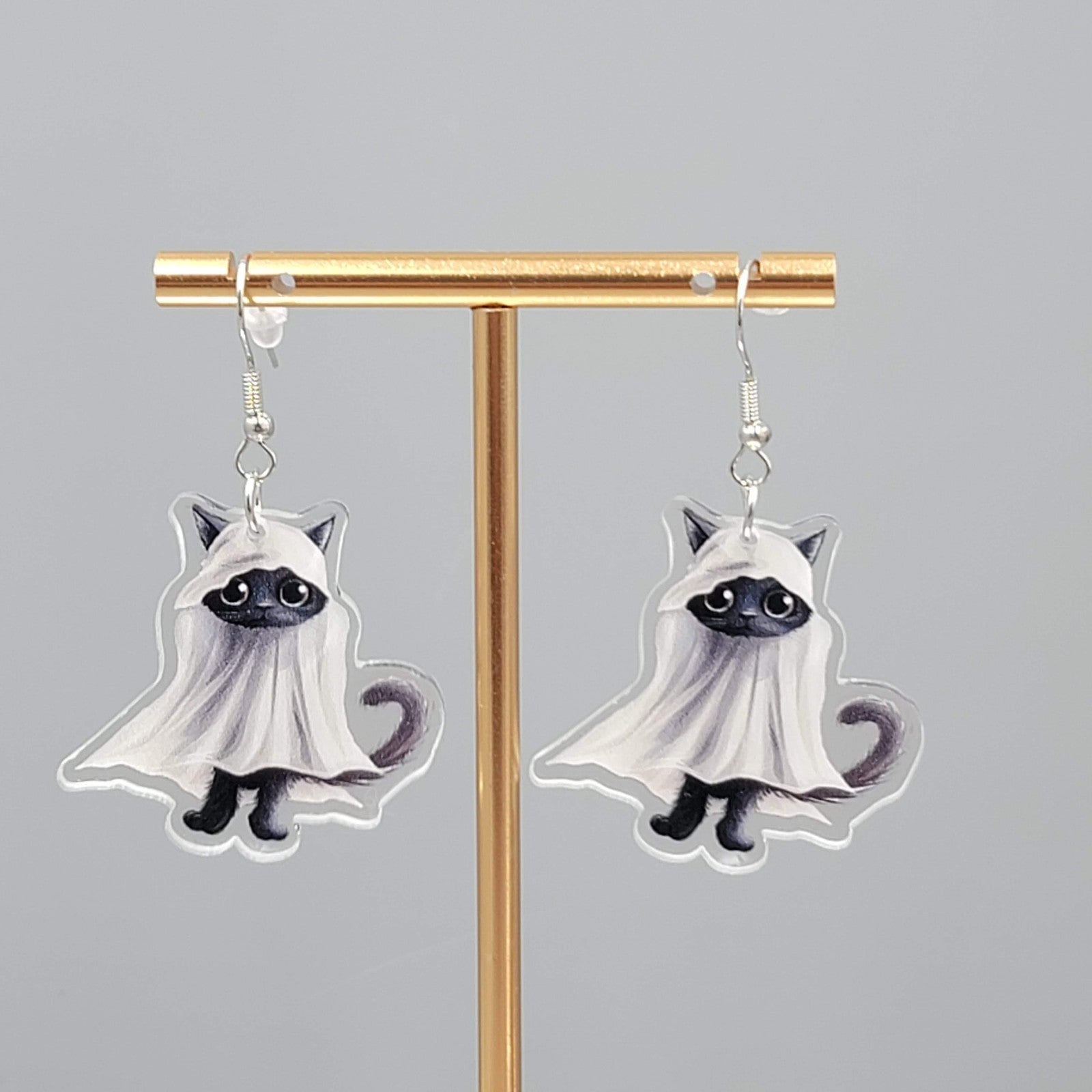 Halloween Black Kitty Cat Ghost Pierced Earrings Silver tone Dangle 1.5 in