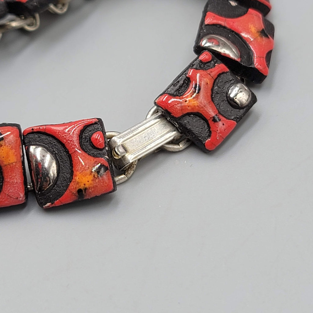 Vintage Artisan Link Bracelet Red Polymer Geometric Squares Silver Tone 7"