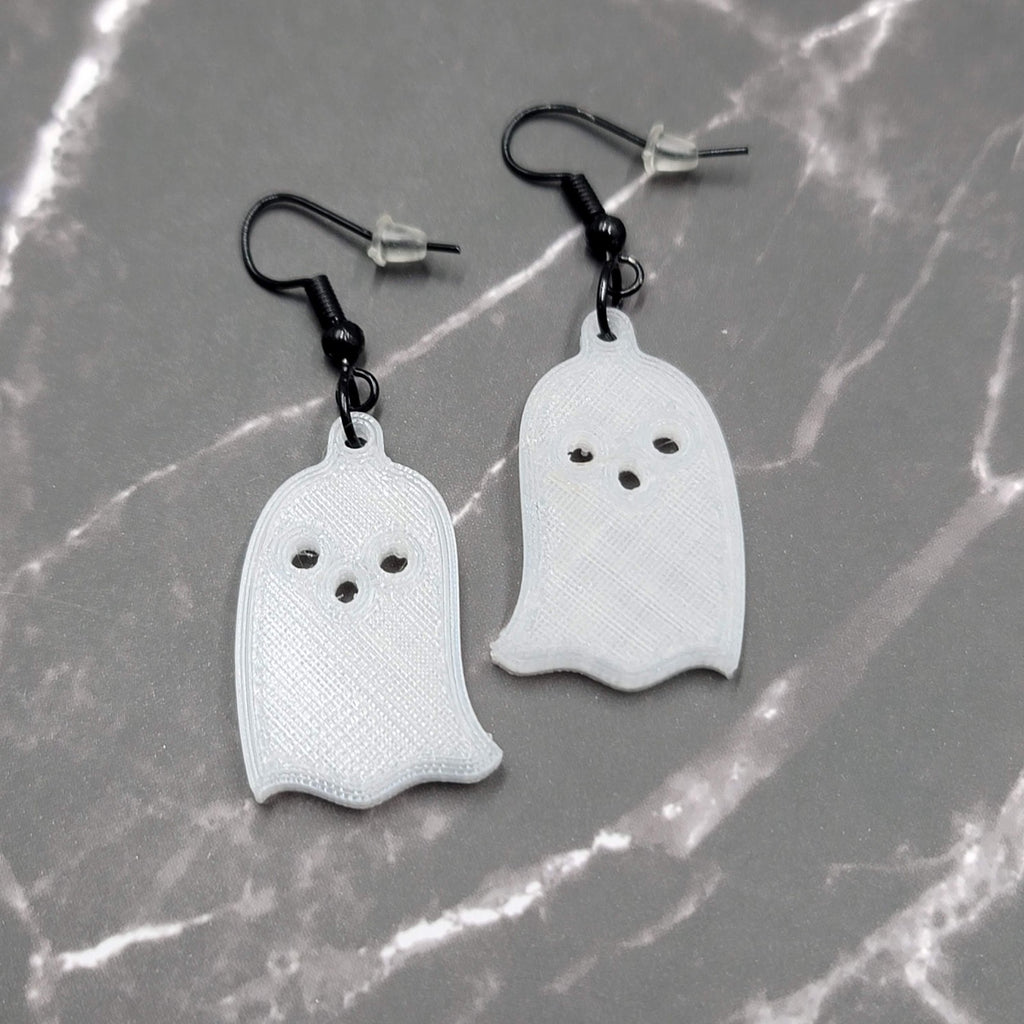 White Acrylic GHOST Pierced Earrings Black Enamel Dangle 1.25"
