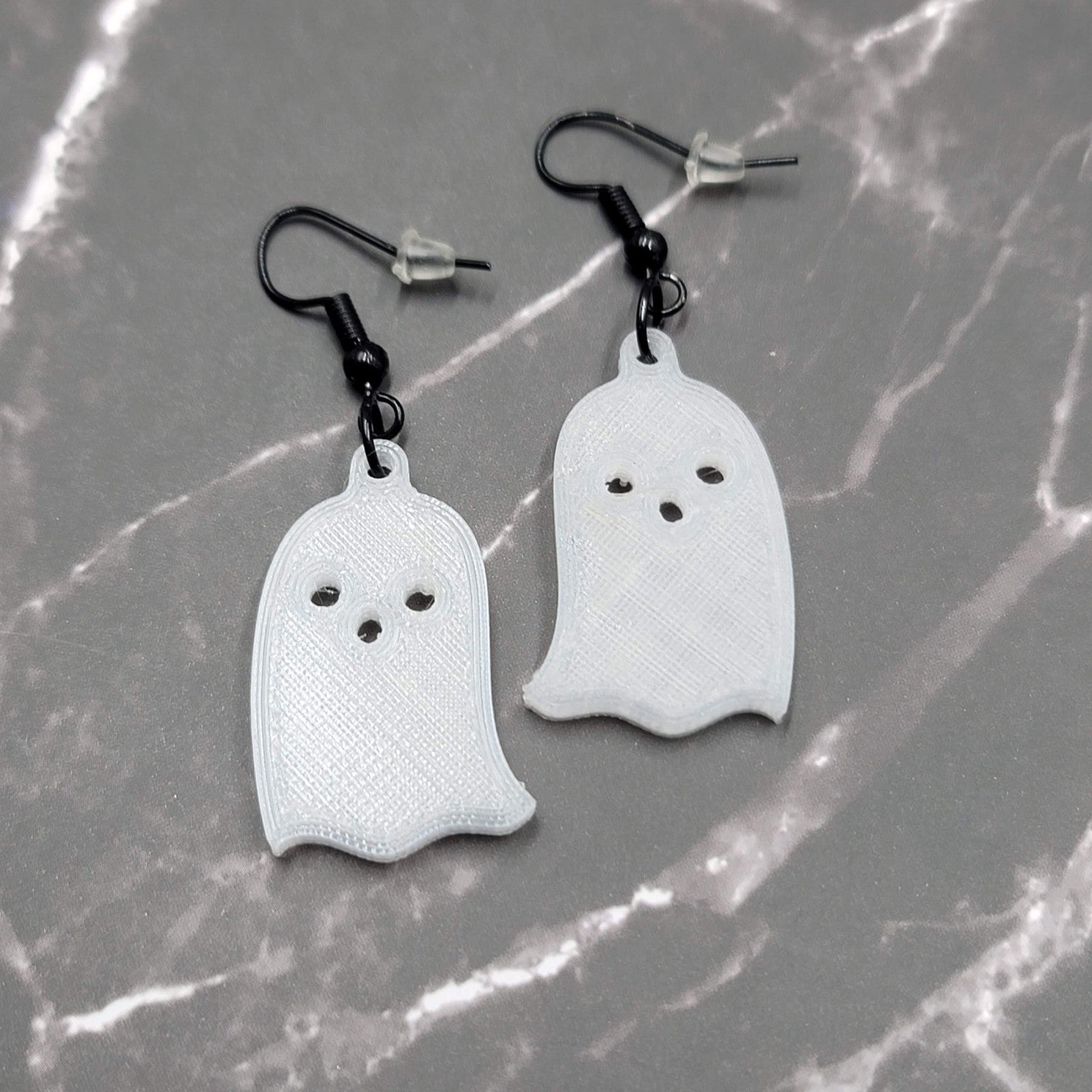 White Acrylic GHOST Pierced Earrings Black Enamel Dangle 1.25"