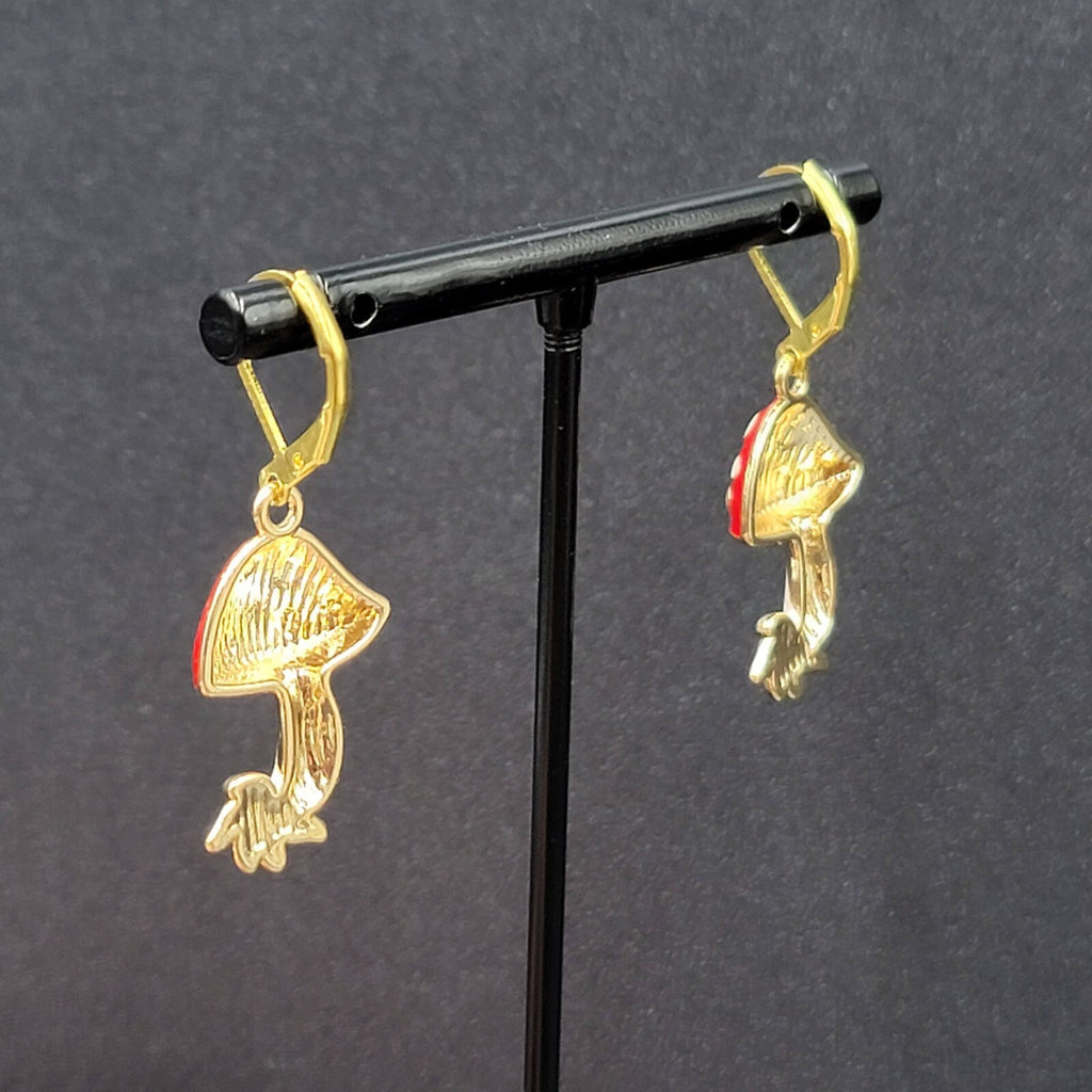 Mushroom Pierced Earrings Gold tone Enamel Red White Polka Dot Dangle 1"