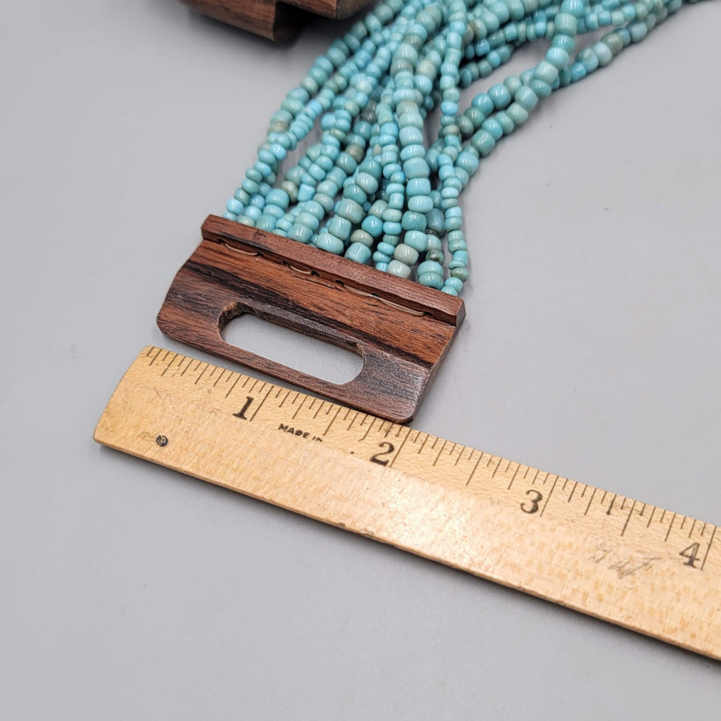 Artisan Necklace 14 Strand Blue Seed Bead Wood Clasp Statement 18"