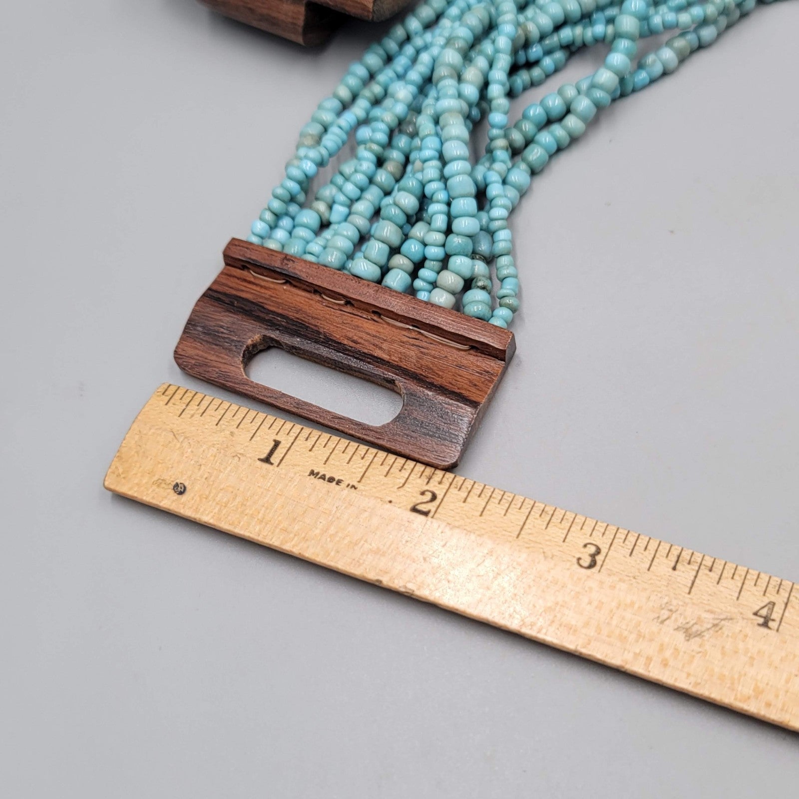 Artisan Necklace 14 Strand Blue Seed Bead Wood Clasp Statement 18"