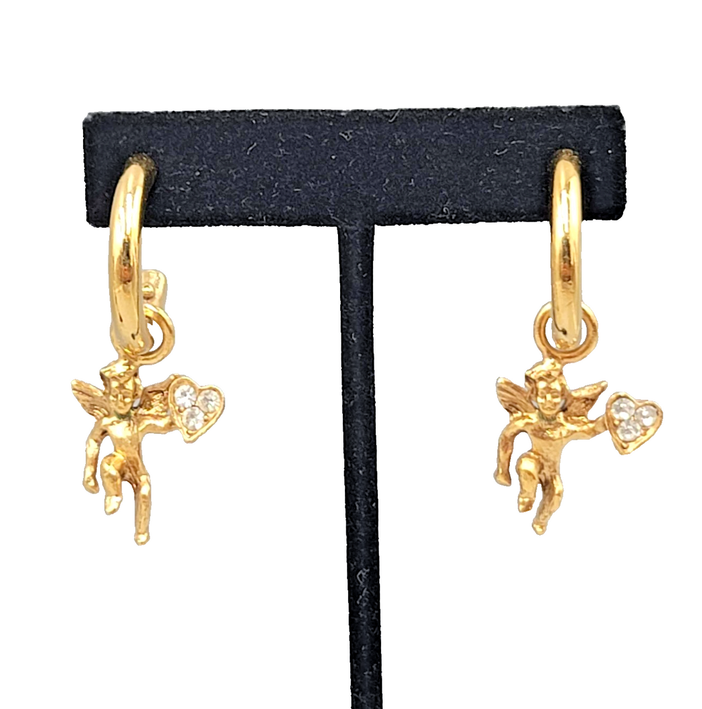 Vintage Angel Heart Hoops Pierced Earrings Gold tone Dangle Rhinestone 2"